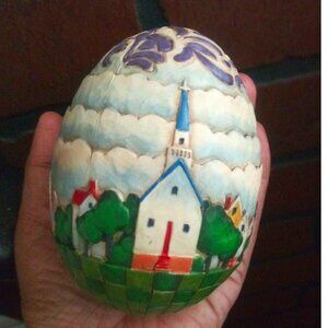 Jim Shore Easter Egg 4" Decorative Country scene Houses church Vintage embossed